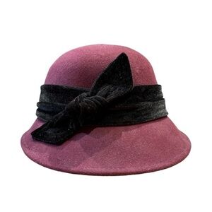 Scala Hats | Curled Brim Slanted Cloche Wool Hat with Velvet Bow Burgundy
